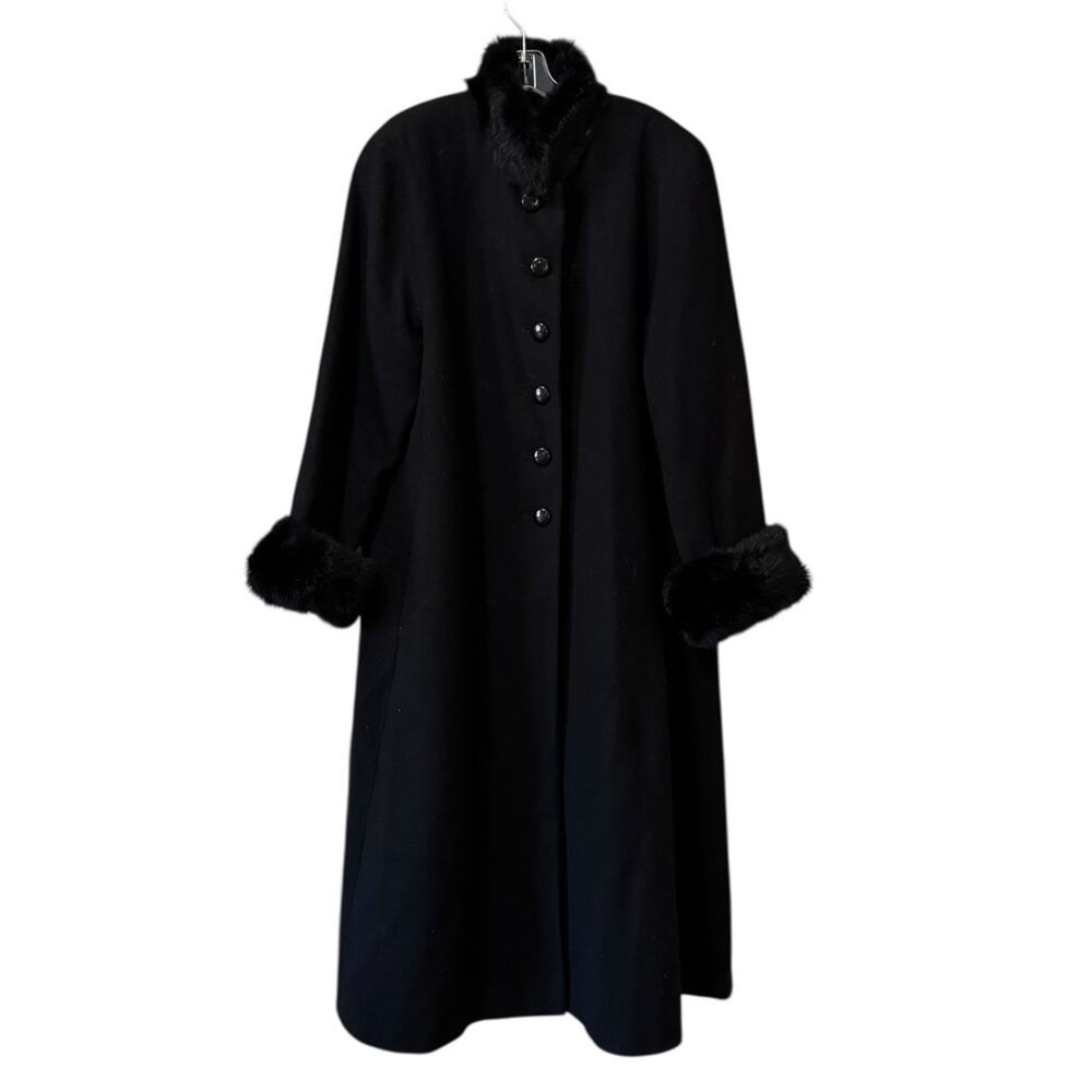 DONNYBROOK Women Size 14 Long Full Length Wool Coat Faux Fur Trim Black Buttons